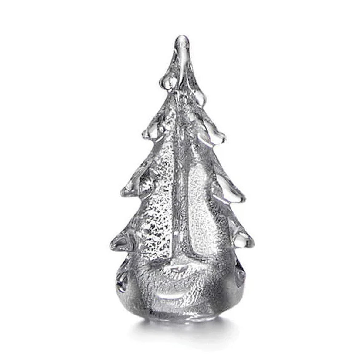 Front view of Silver Leaf Evergreen handblown glass tree showcasing silver-infused textured finish on white background