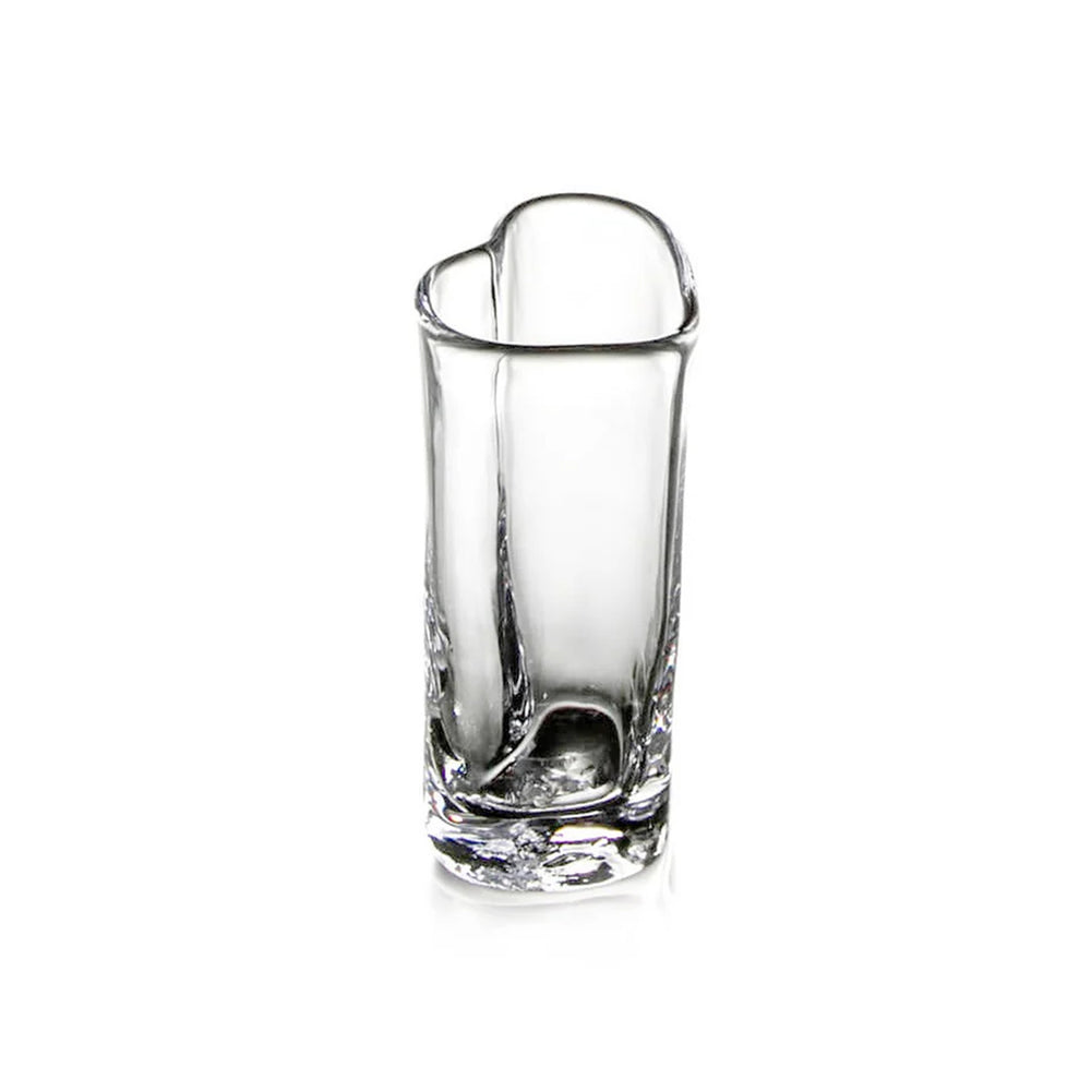 Front view of Highgate Heart bud vase showcasing sculpted heart-shaped rim and heavy glass base on white background