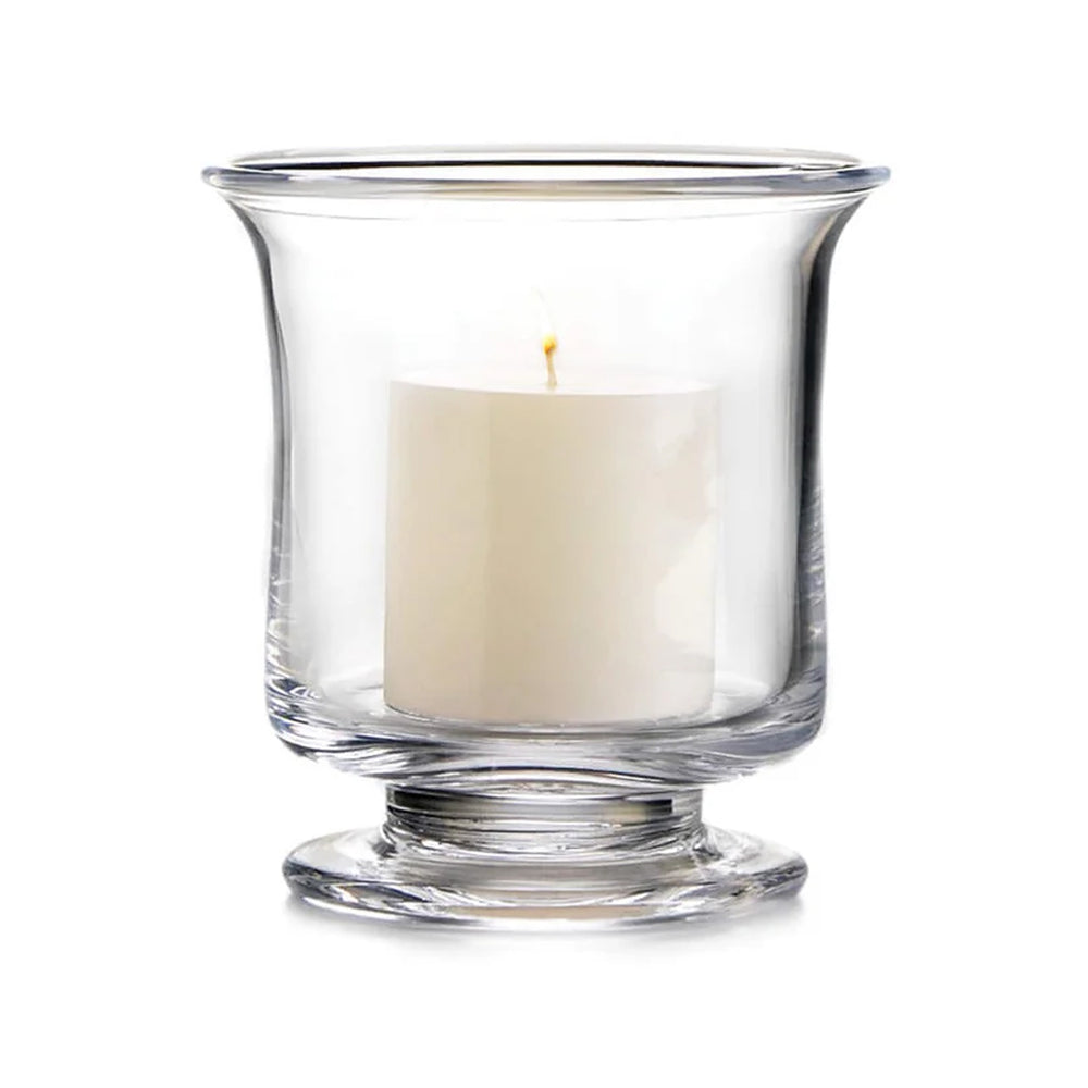 Front view of Revere Hurricane handblown glass hurricane showcasing broad flared rim and pedestal base on white background