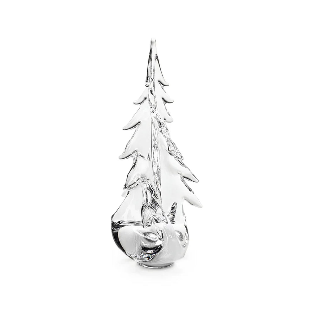 Front view of Vermont Evergreen handblown clear glass tree showcasing layered branches and teardrop base on white background