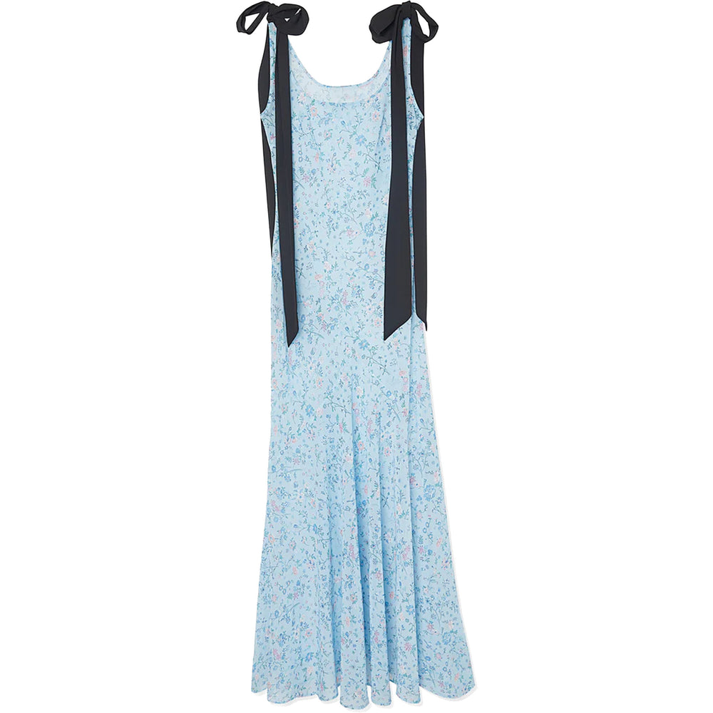 Front view of Sydney dress in Wild Flower showing fitted bodice, flared maxi skirt, and black shoulder ribbon ties on white background