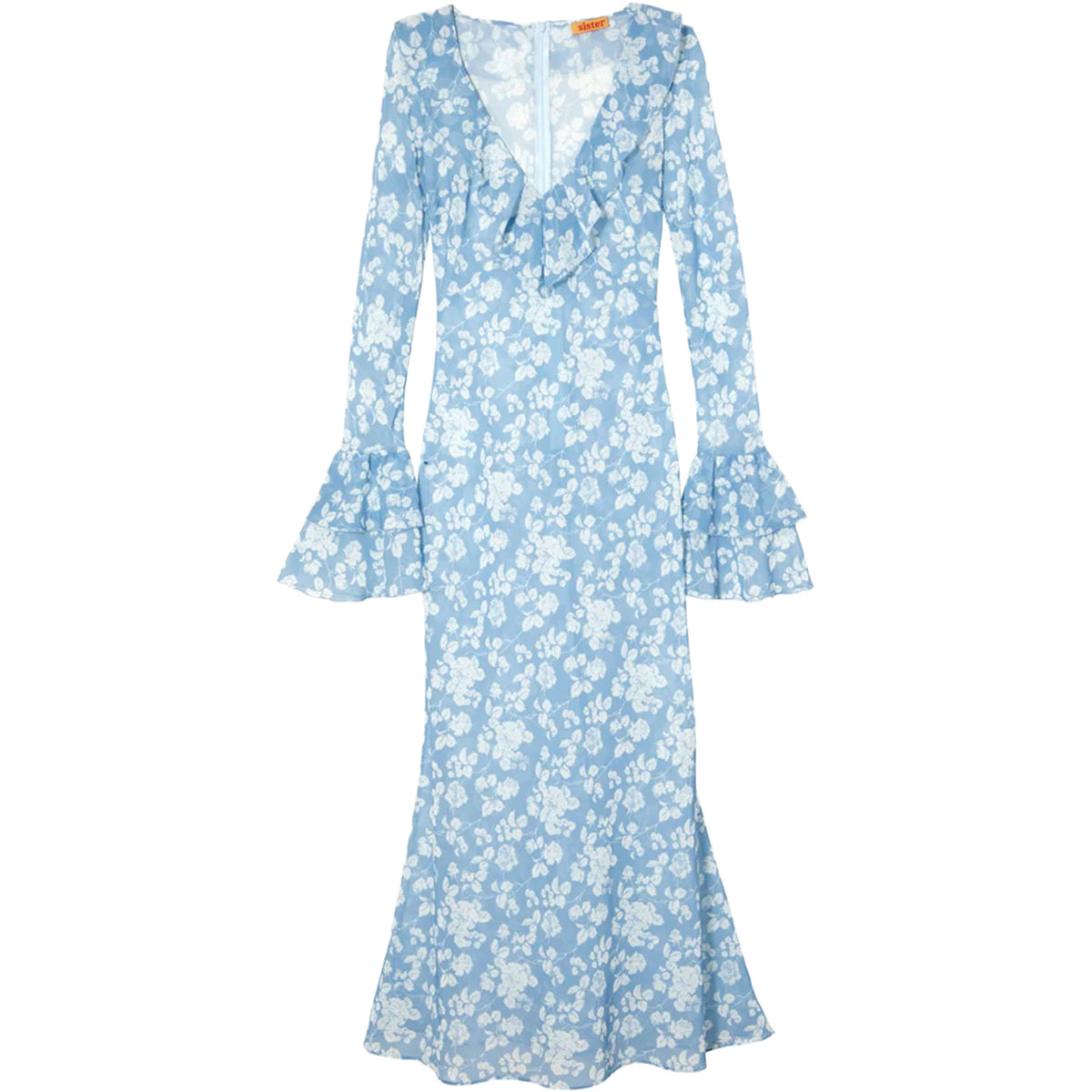 Front view of Shellona Dress showcasing blue floral print, deep V neckline, and bell sleeves on white background