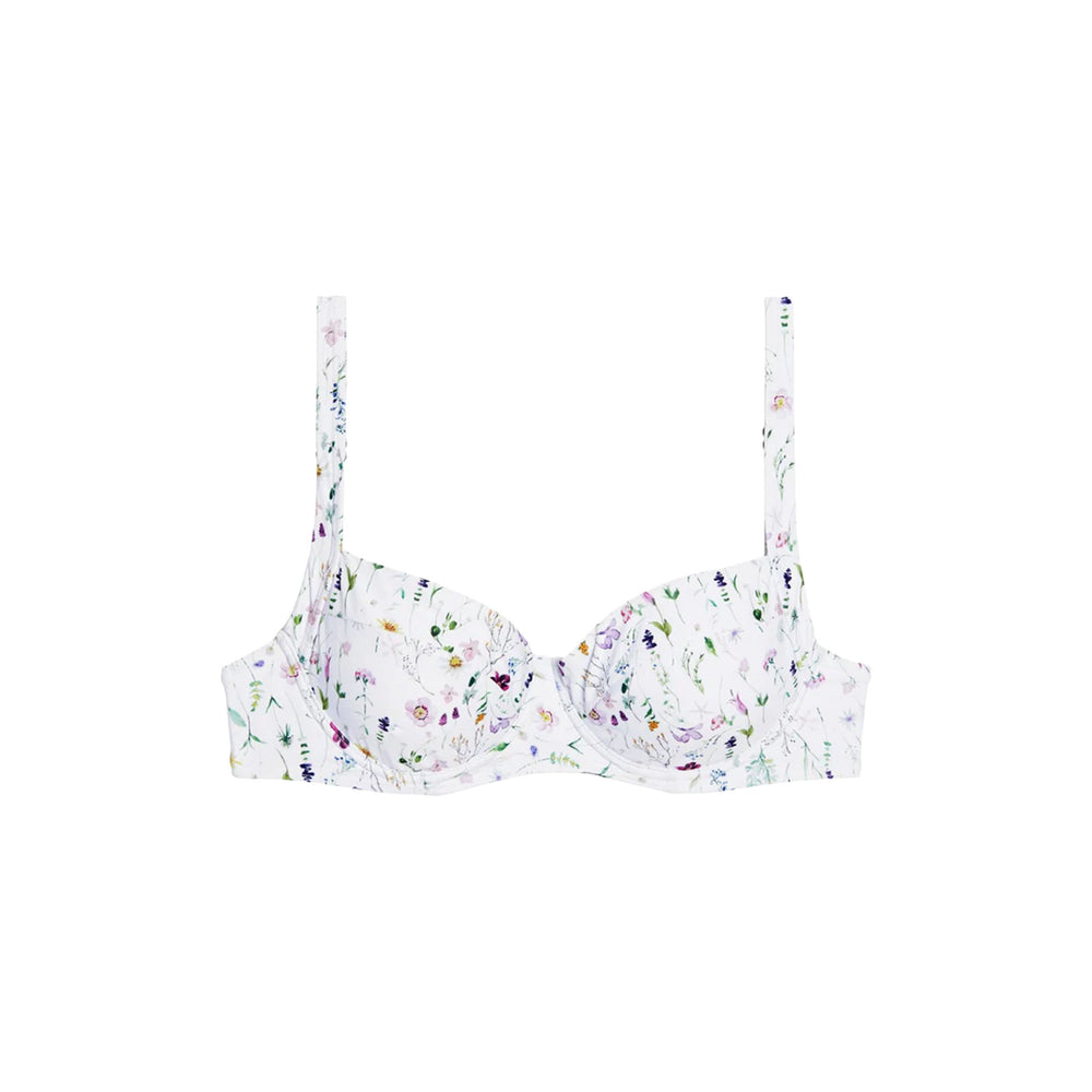 Front view of Grace Top underwire bikini top in white floral print with adjustable straps on white background