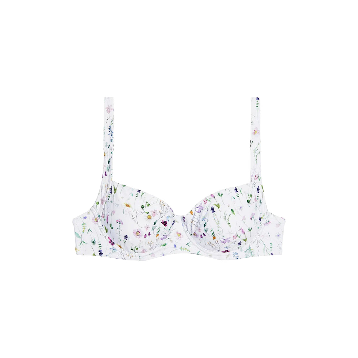 Front view of Grace Top underwire bikini top in white floral print with adjustable straps on white background