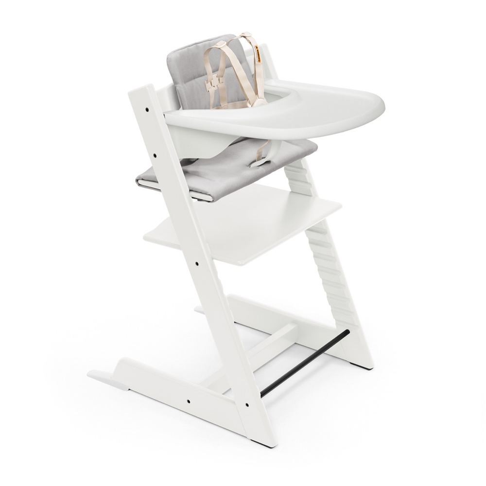 Tripp Trapp® High Chair, Anthracite Cushion, White Tray, and Grey Newborn in White