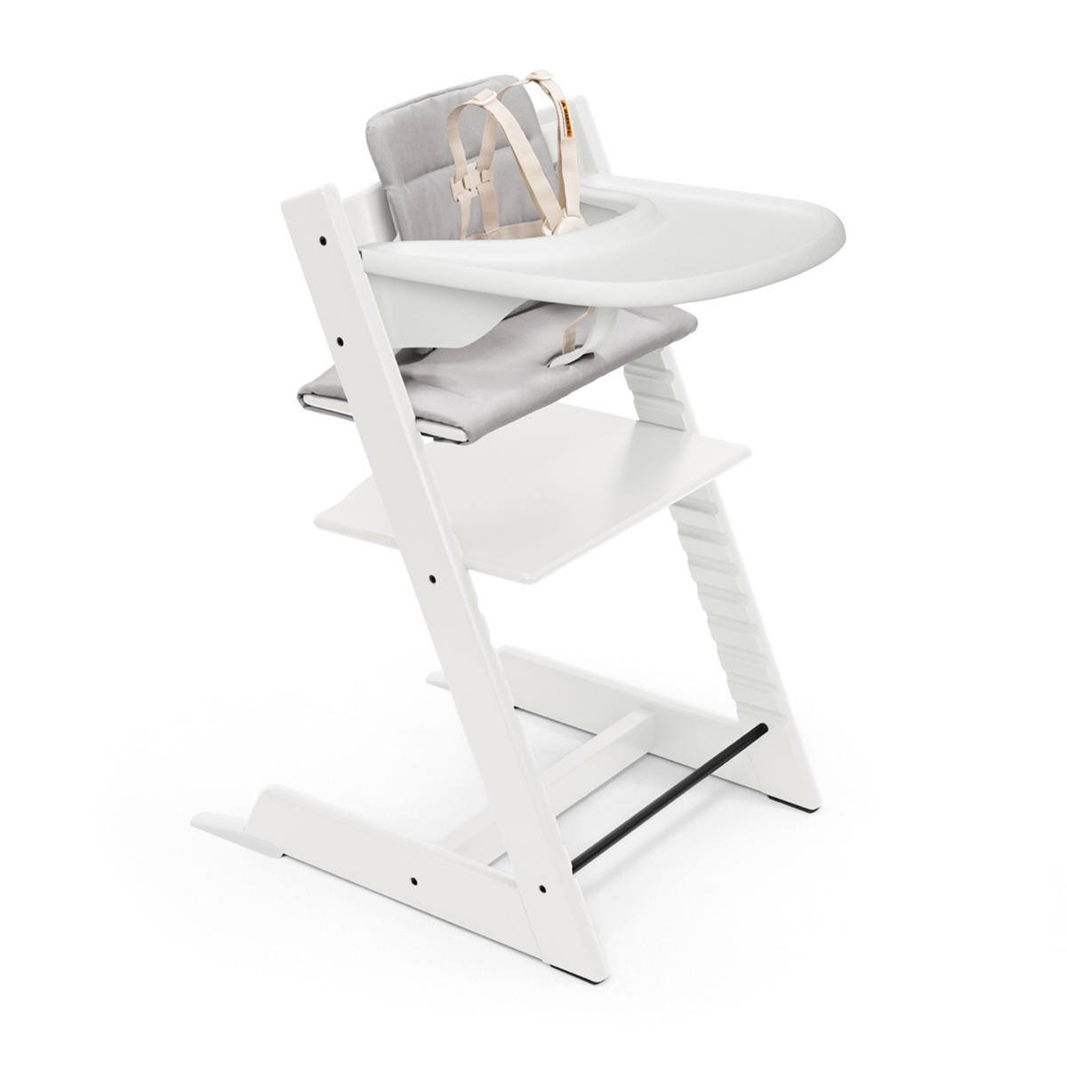 Tripp Trapp® High Chair, Anthracite Cushion, White Tray, and Grey Newborn in White