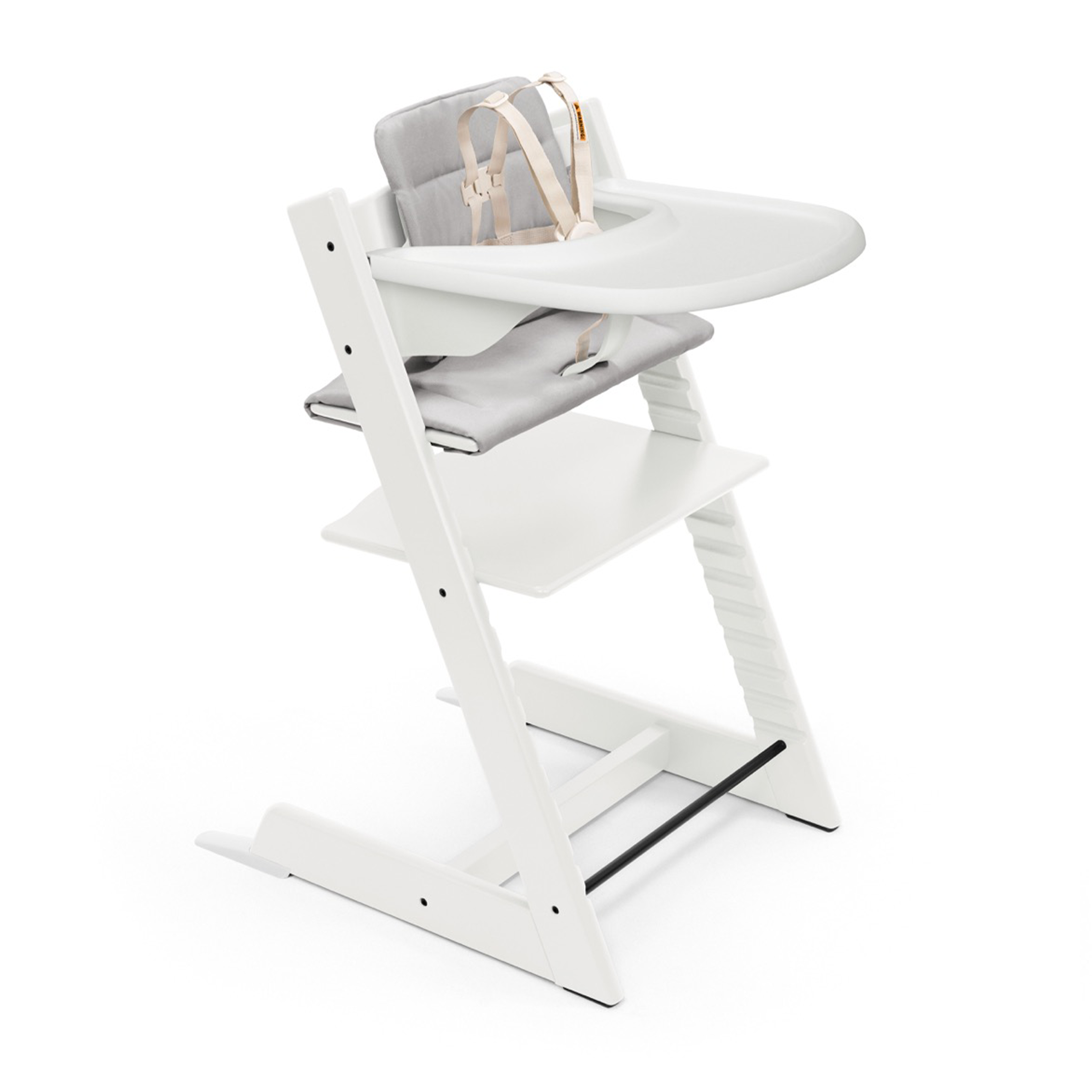 Tripp Trapp® High Chair, Anthracite Cushion, White Tray, and Grey Newborn in White