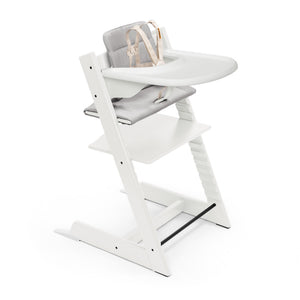 Tripp Trapp® High Chair, Anthracite Cushion, White Tray, and Grey Newborn in White