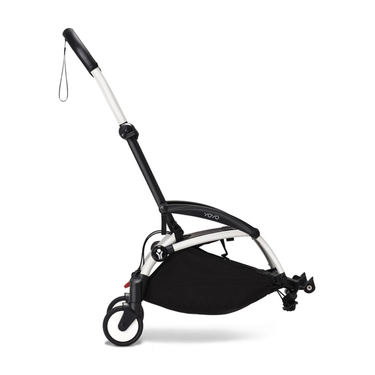 Side view of YOYO3 Connect folded frame showcasing white frame and black underseat basket on white background