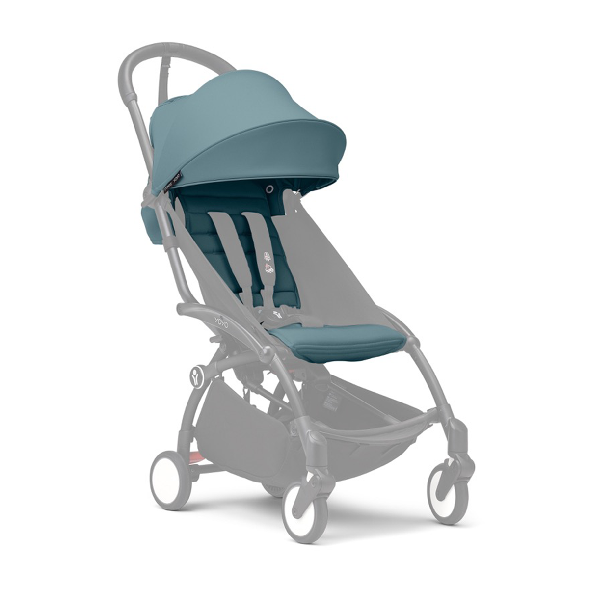 Three-quarter view of YOYO³ 6+ Color Pack in Aqua showing aqua canopy and seat fabric mounted on a stroller frame against white background
