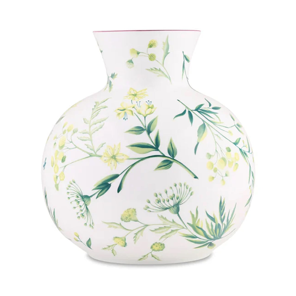 Front view of Florenza Acanto Fondo Bianco spherical vase showcasing white porcelain with green and yellow acanthus floral pattern on white background