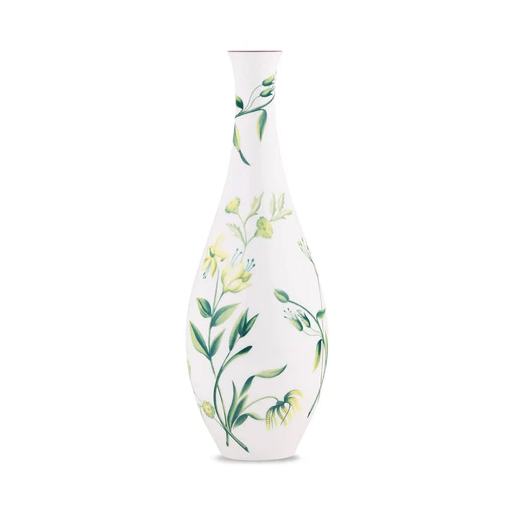 Front view of Florenza Acanto vase showing tapered white porcelain silhouette with green acanthus floral motif