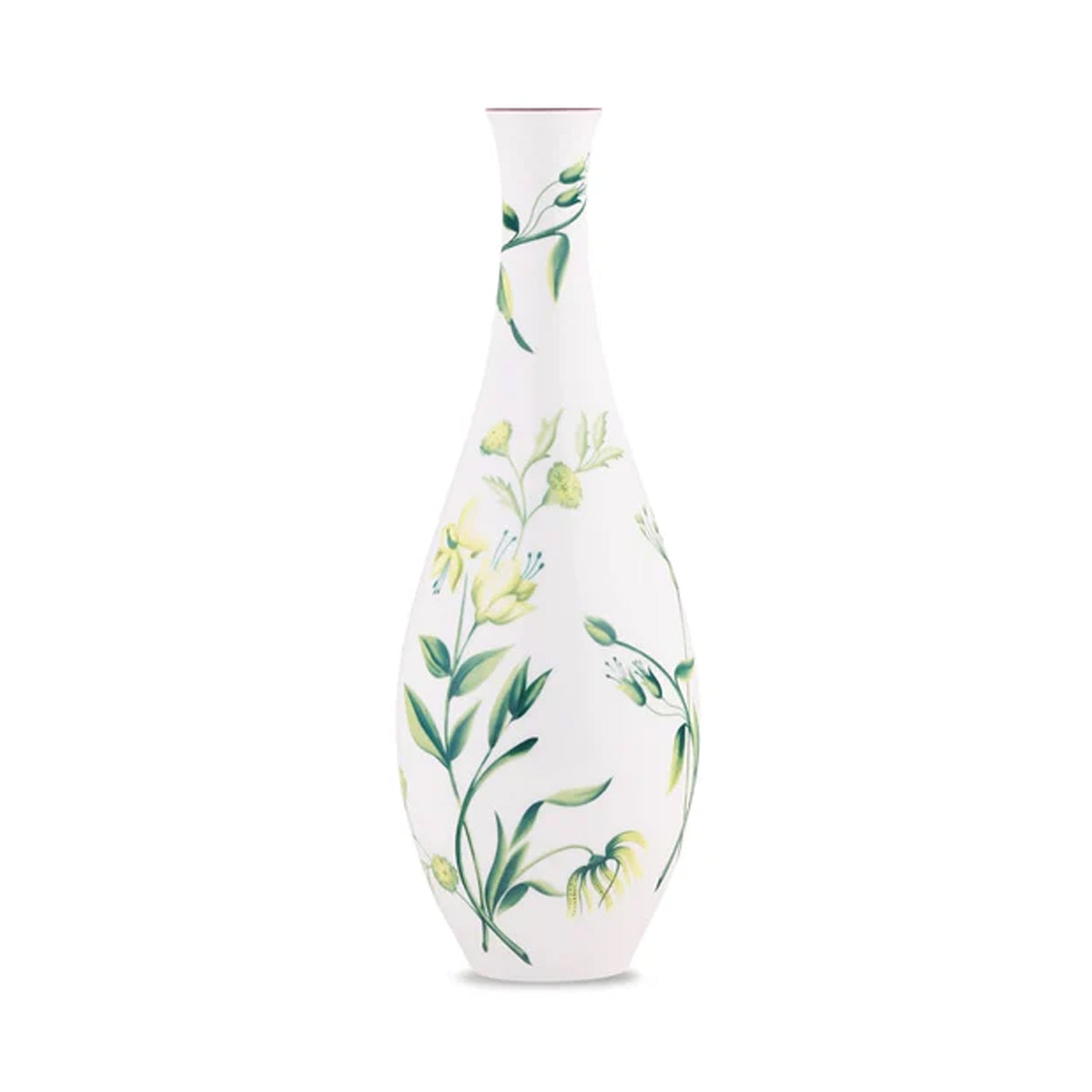 Front view of Florenza Acanto vase showing tapered white porcelain silhouette with green acanthus floral motif