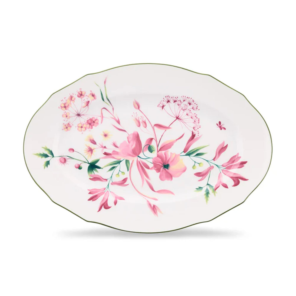 Front view of Florenza Malva Duchessa oval flat platter showcasing pink floral motif and green rim on white background
