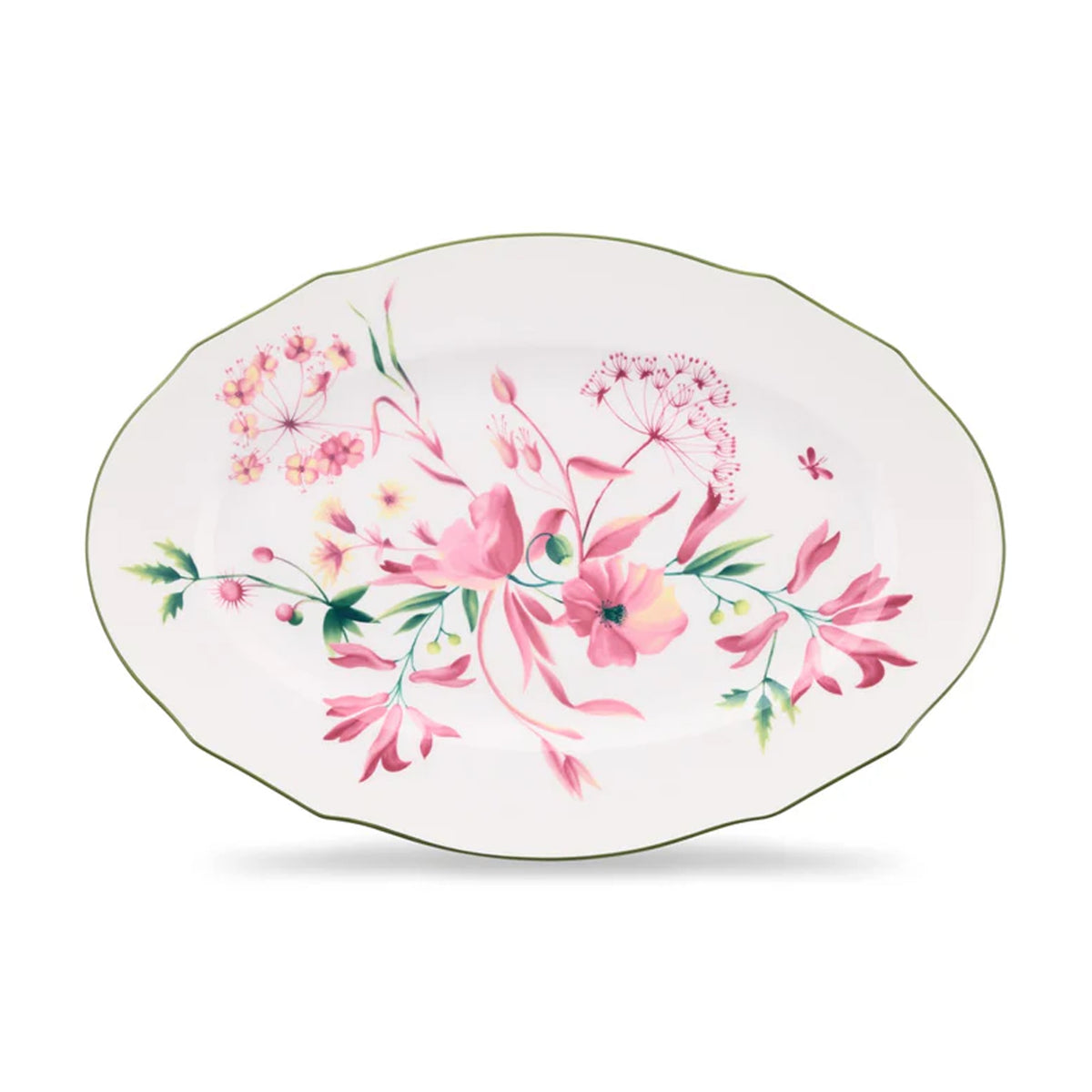 Front view of Florenza Malva Duchessa oval flat platter showcasing pink floral motif and green rim on white background