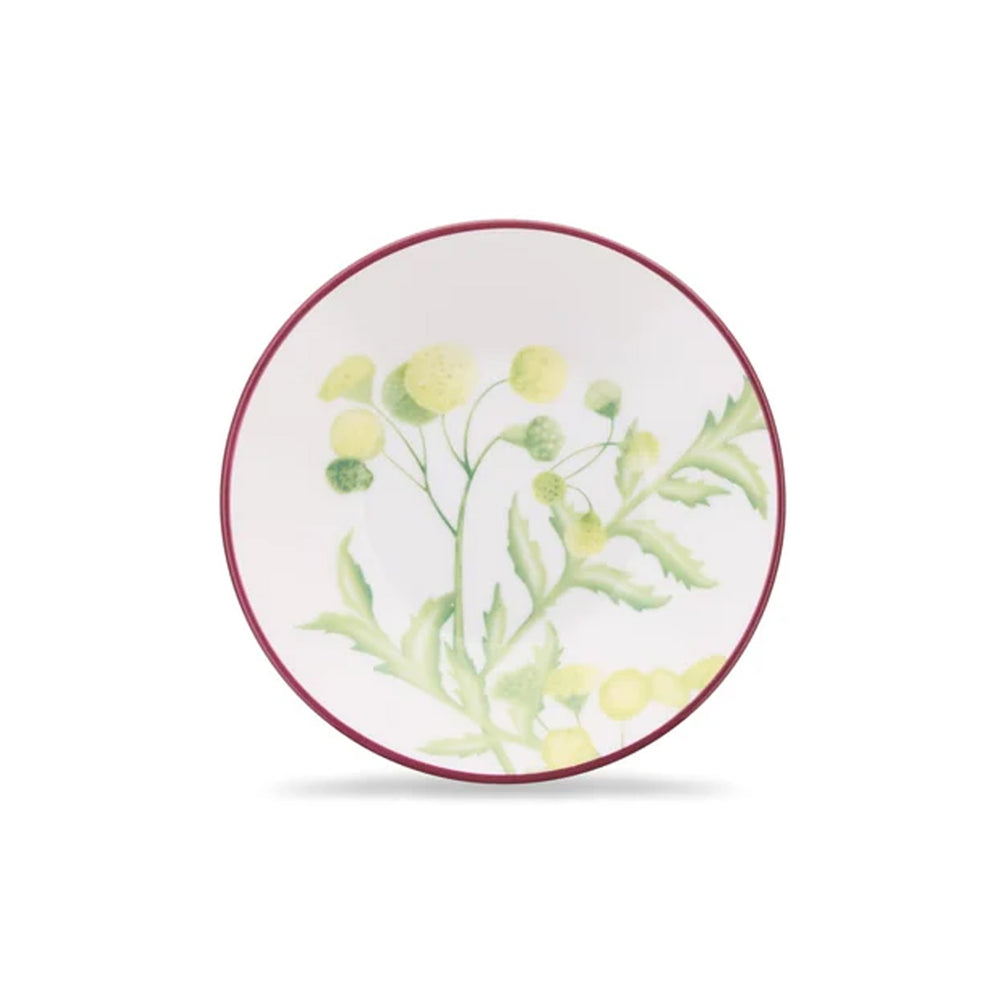 Top view of Florenza Acanto Impero coffee saucer with yellow acanthus floral motif and burgundy rim on white background