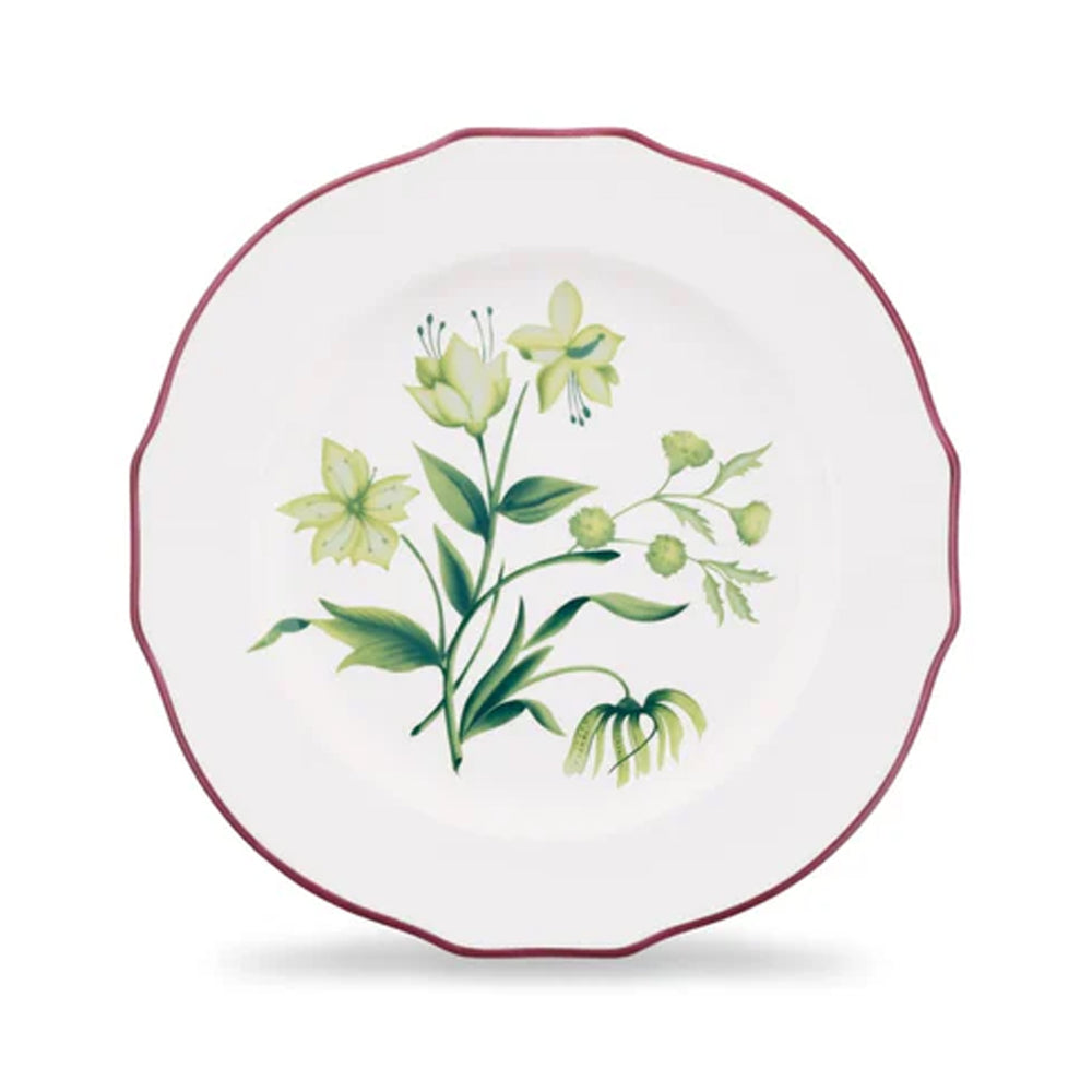 Front view of Florenza Acanto Fondo Bianco Duchessa dessert plate showing green acanto floral motif and scalloped rim with pink trim on white background