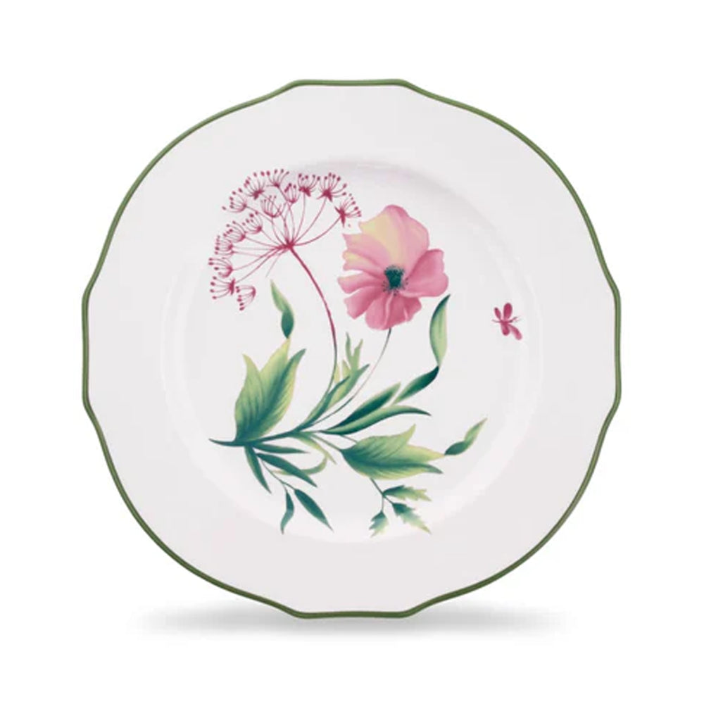 Front view of Florenza Malva Duchessa dessert plate showing pink floral motif and green scalloped rim on white porcelain