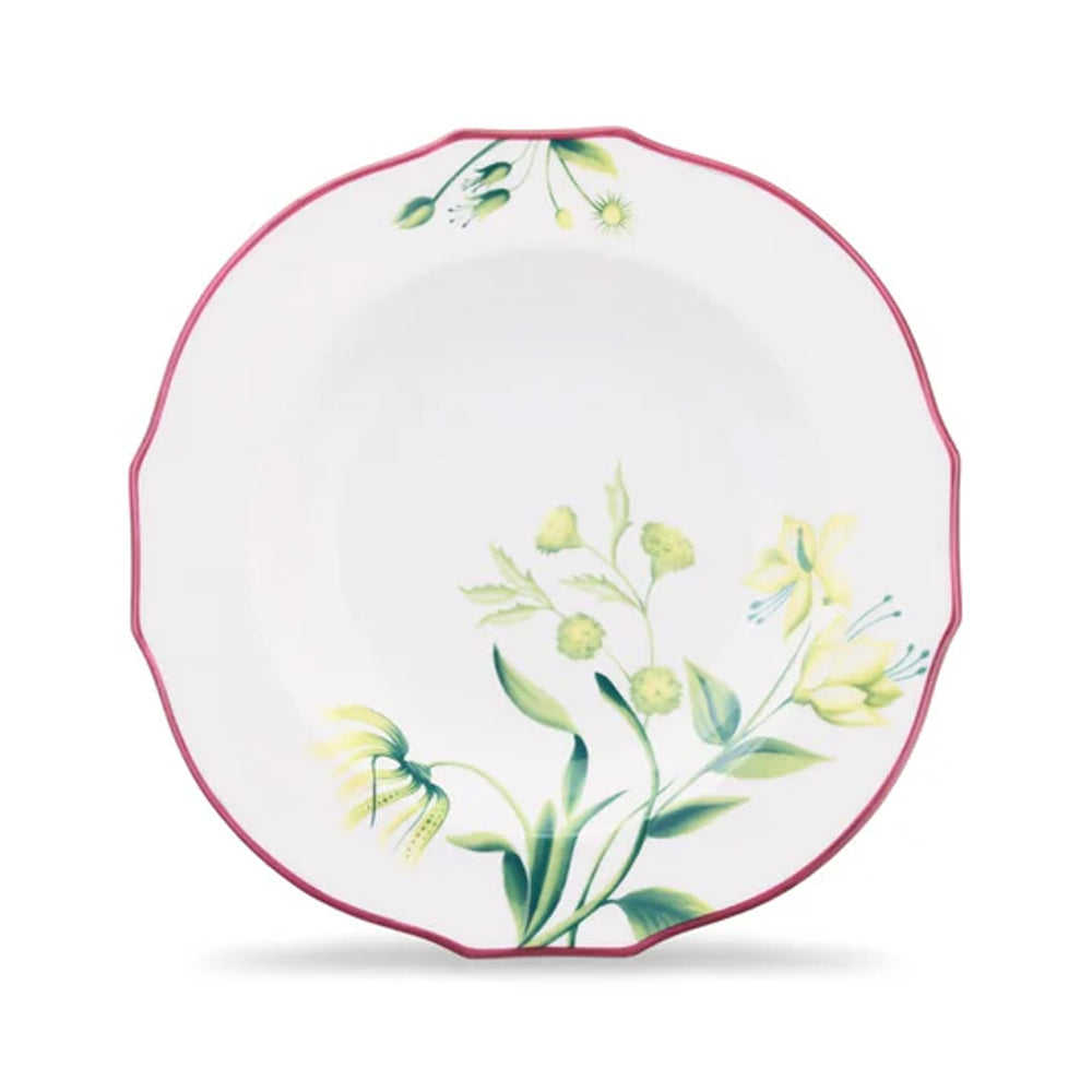 Front view of Florenza Acanto Duchessa soup plate showcasing green and yellow floral motif and scalloped pink rim on white background