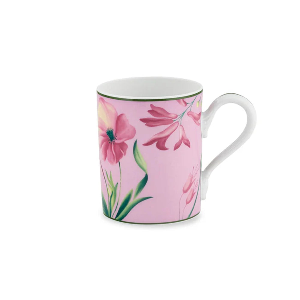 Angled front view of Florenza Malva Impero mug showing pink floral pattern on white porcelain with white background