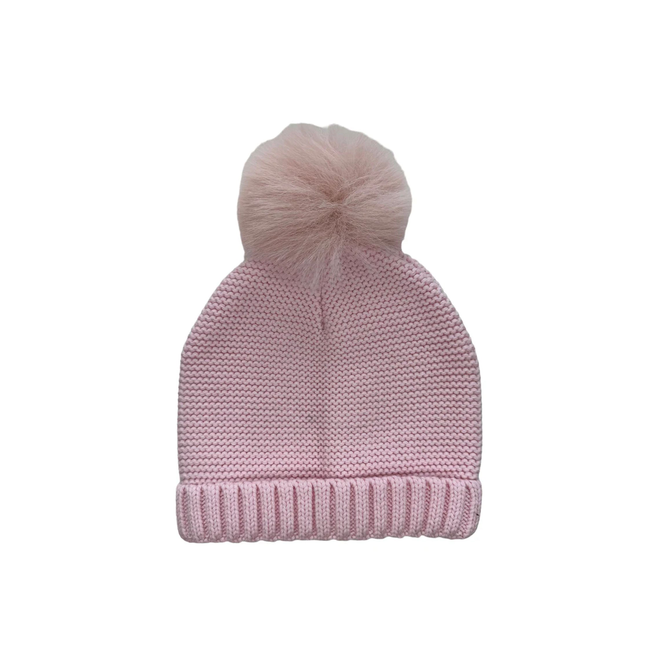 Faux Fur Knit Hat with Pom Pom in Pink