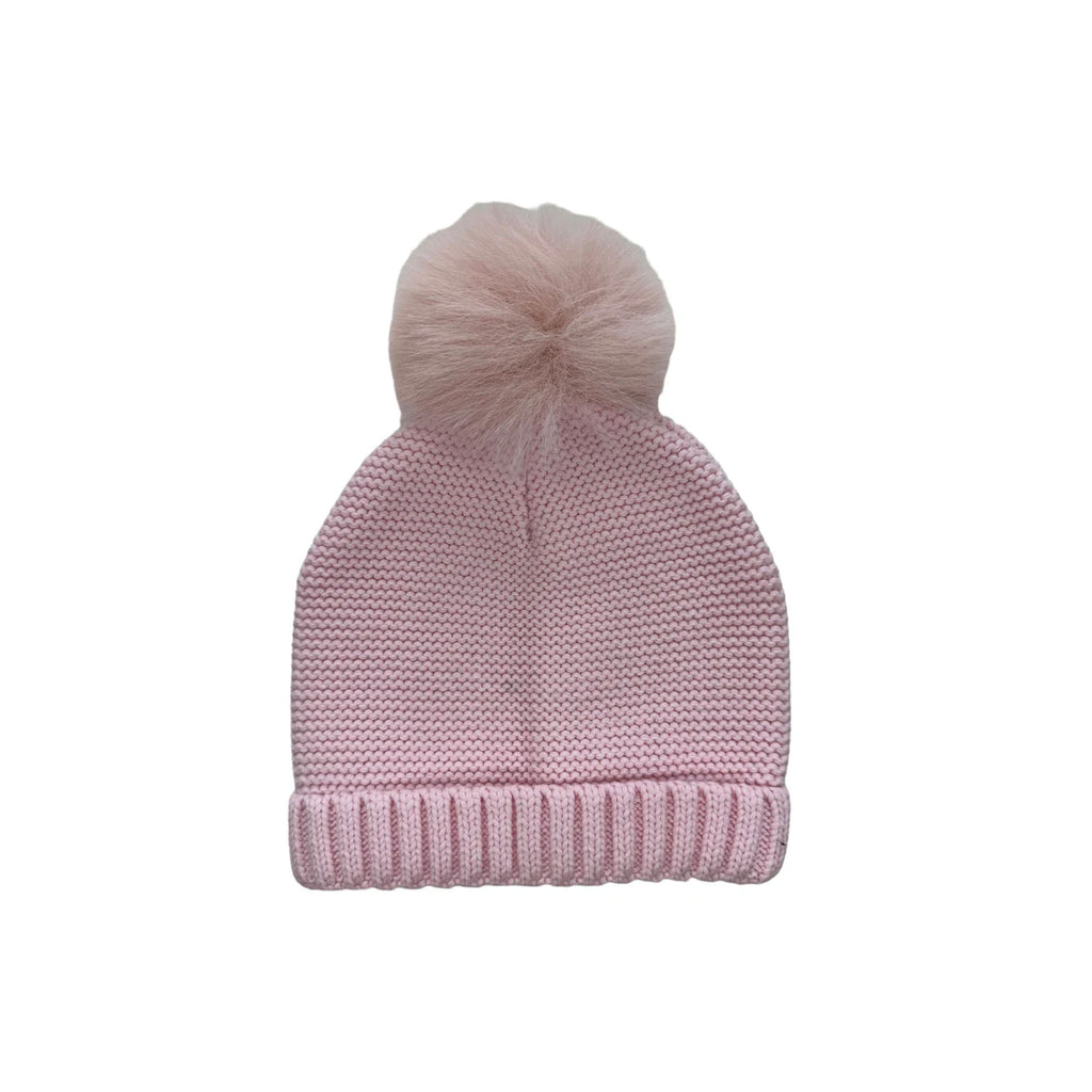 Faux Fur Knit Hat with Pom Pom in Pink