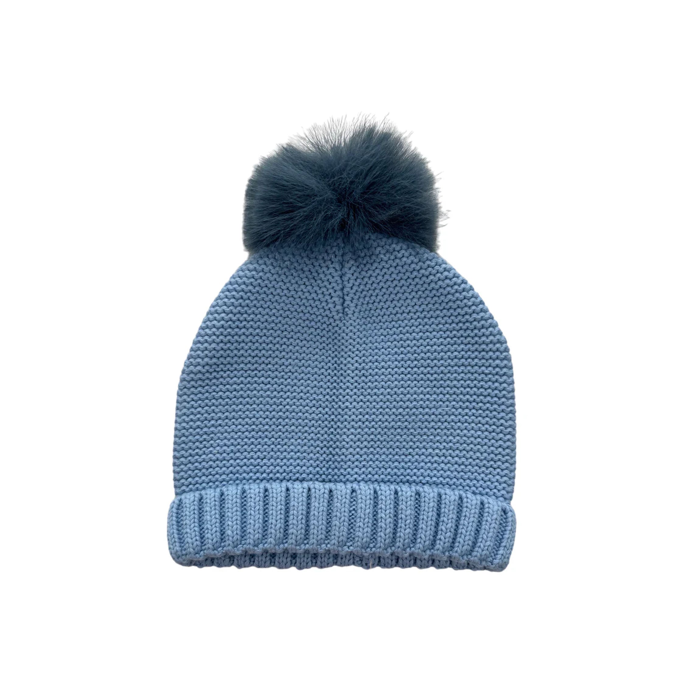 Faux Fur Knit Hat with Pom Pom in Blue