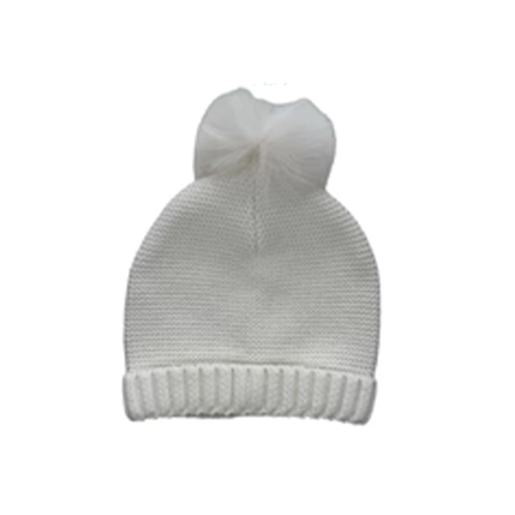 Faux Fur Knit Hat with Pom Pom in Cream