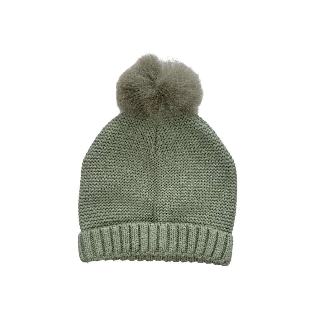 Faux Fur Knit Hat with Pom Pom in Sage