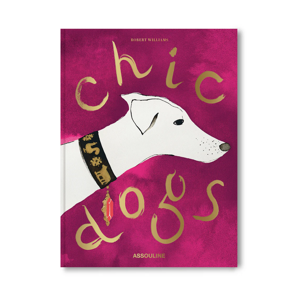 Front cover of Chic Dogs hardcover coffee table book showing a white dog illustration in profile with gold foil title on magenta background