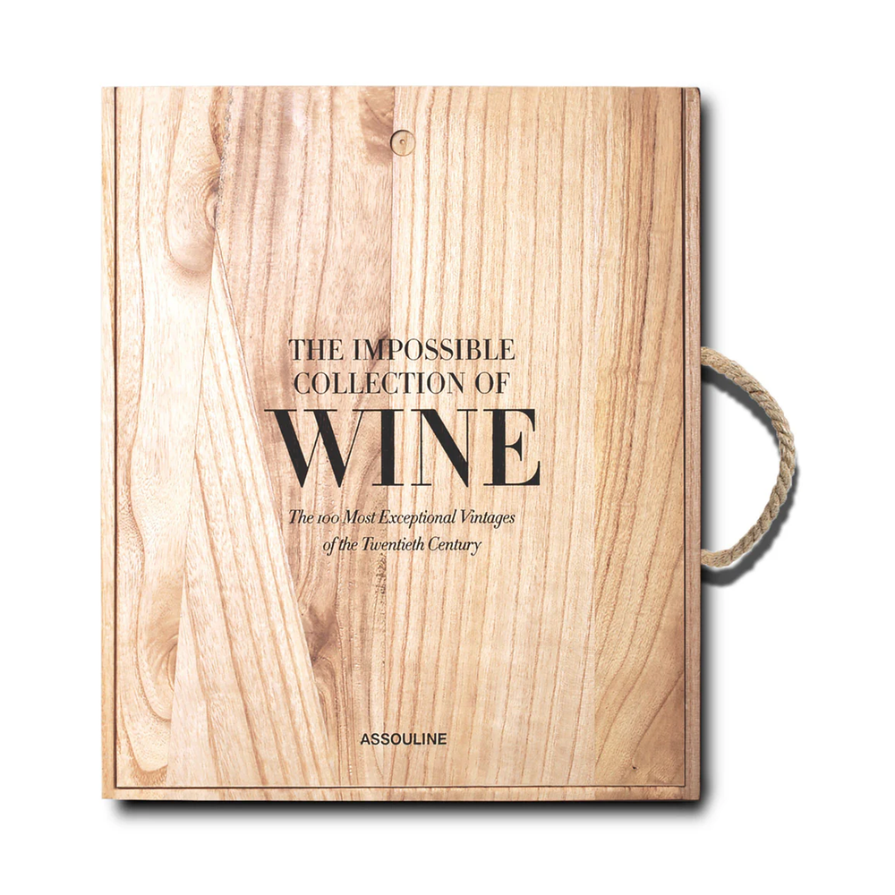 Front view of The Impossible Collection of Wine book in wood-grain slipcase with rope handle on white background