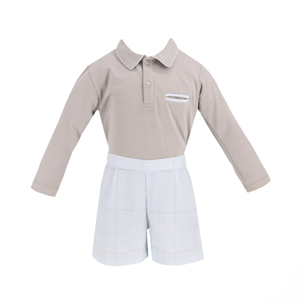 Front view of William long-sleeve boy set with piped collar top and light plaid shorts on white background