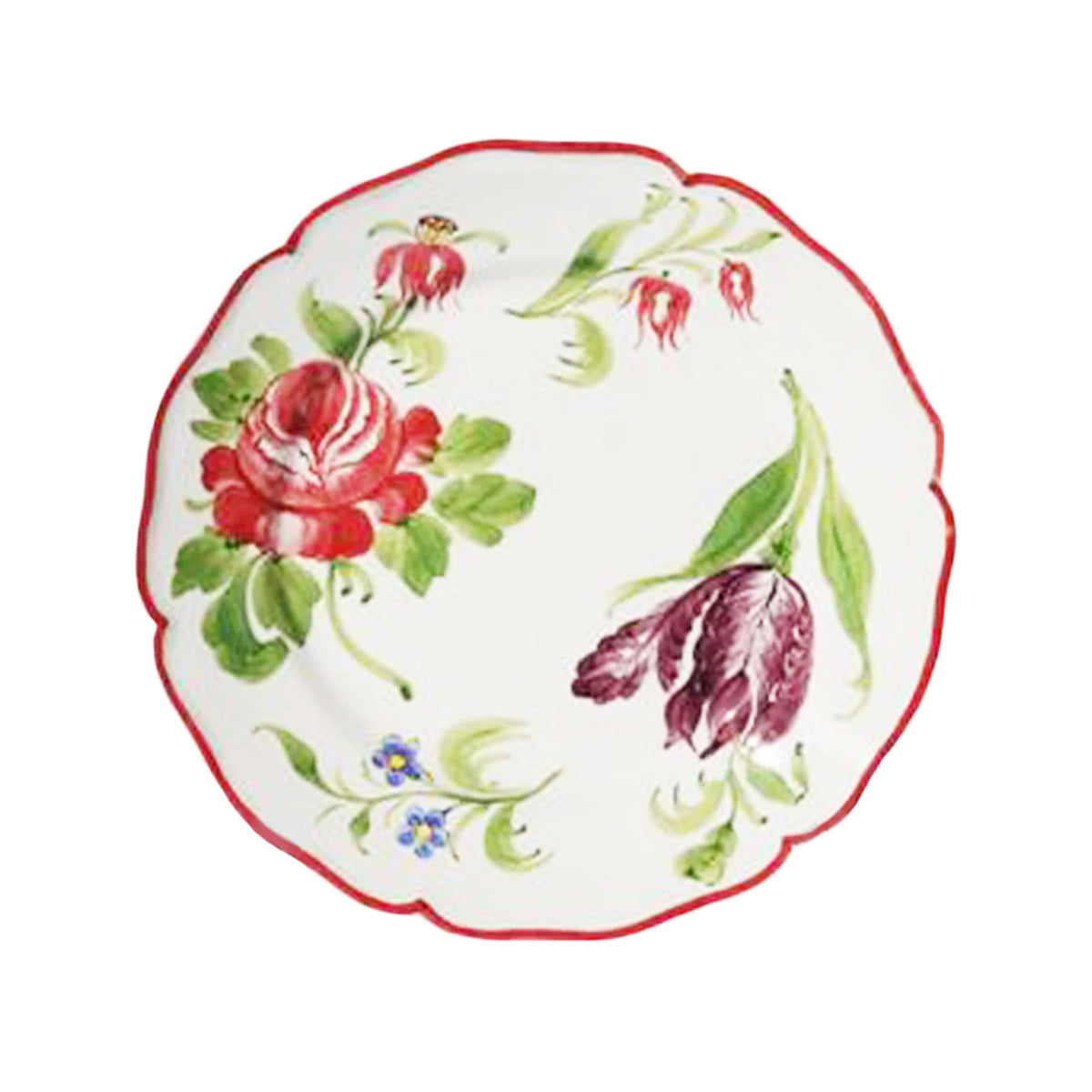 Top view of Rose and Tulip dessert plate, 8.27-inch, showcasing hand-painted red rose and purple tulip with scalloped red rim on white background