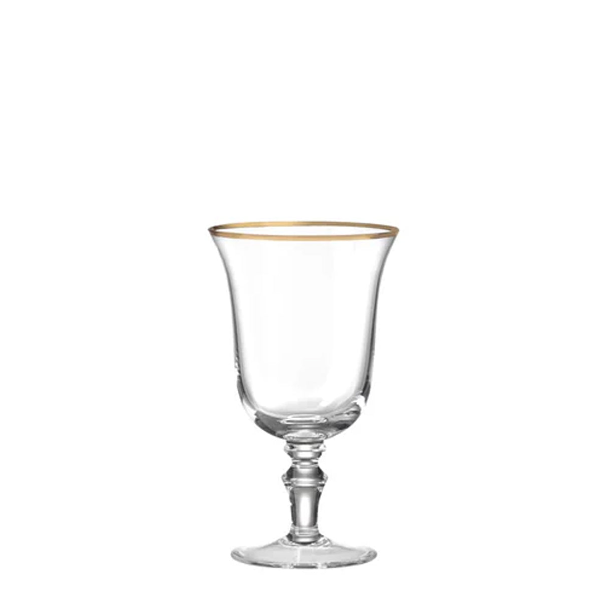 Front view of a Medici liquor goblet from a set of 2 with gold thread finish on a white background