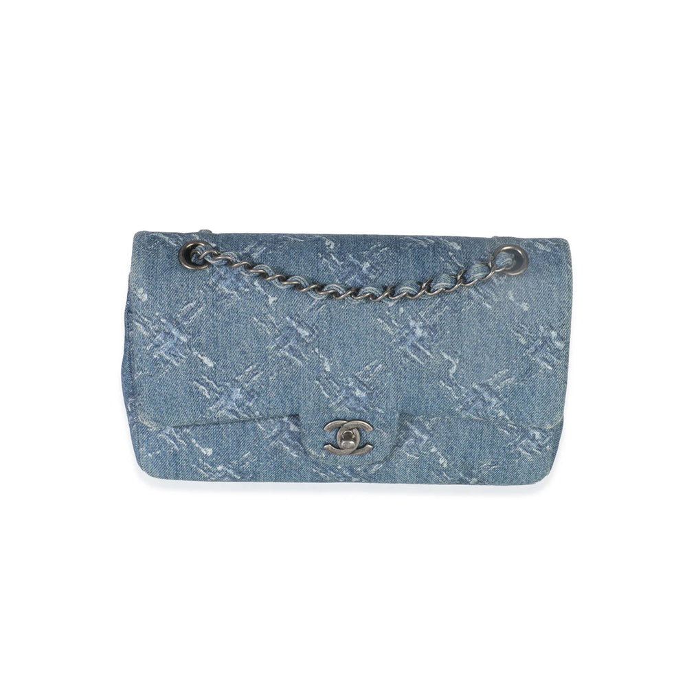Chanel Blue Bleached Chain Printed Denim Medium Classic Double Flap Bag