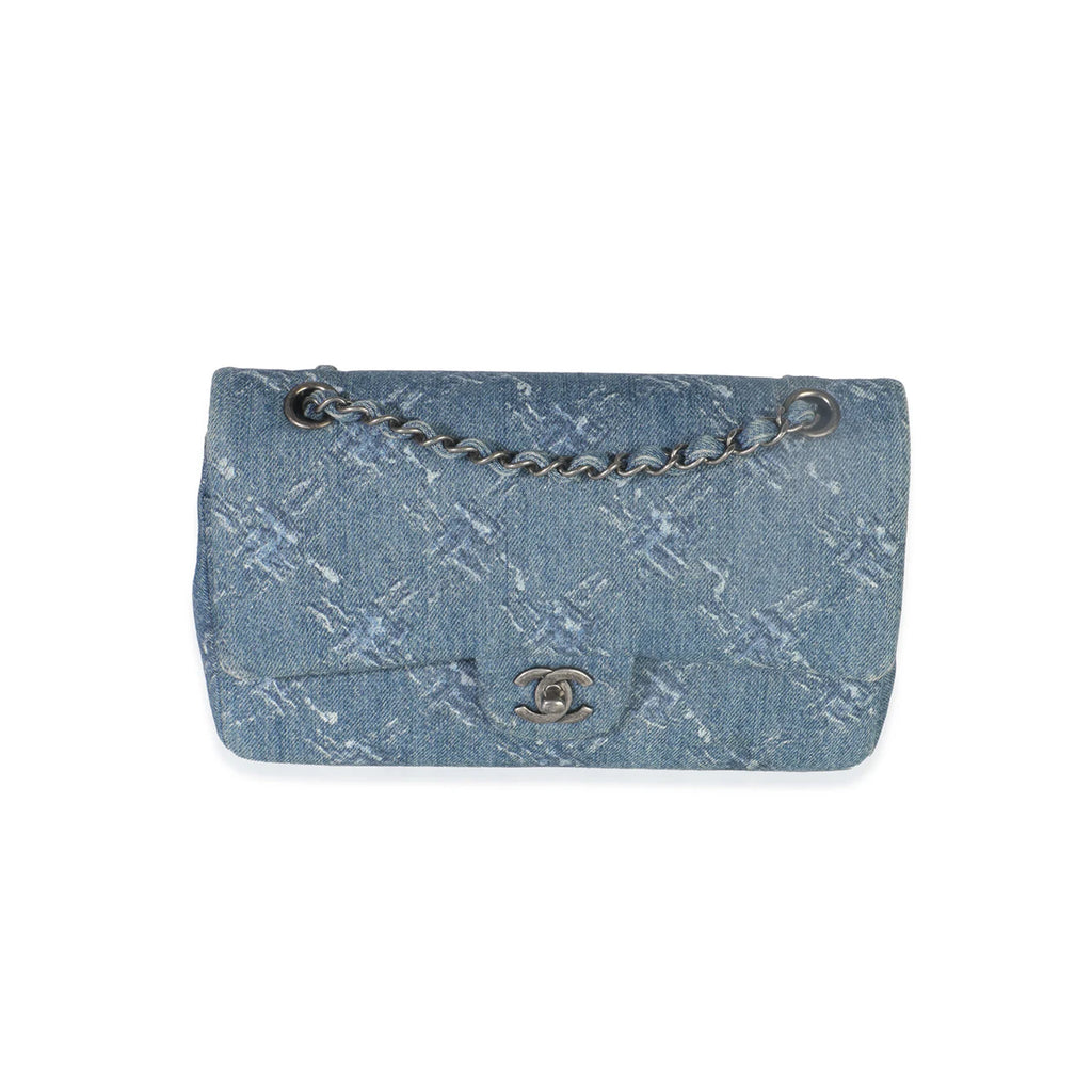 Chanel Blue Bleached Chain Printed Denim Medium Classic Double Flap Bag