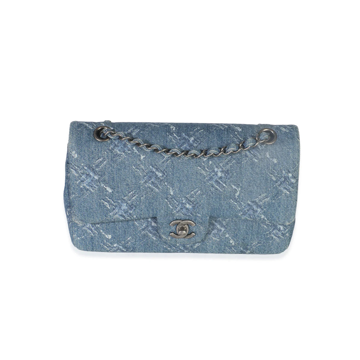Chanel Blue Bleached Chain Printed Denim Medium Classic Double Flap Bag