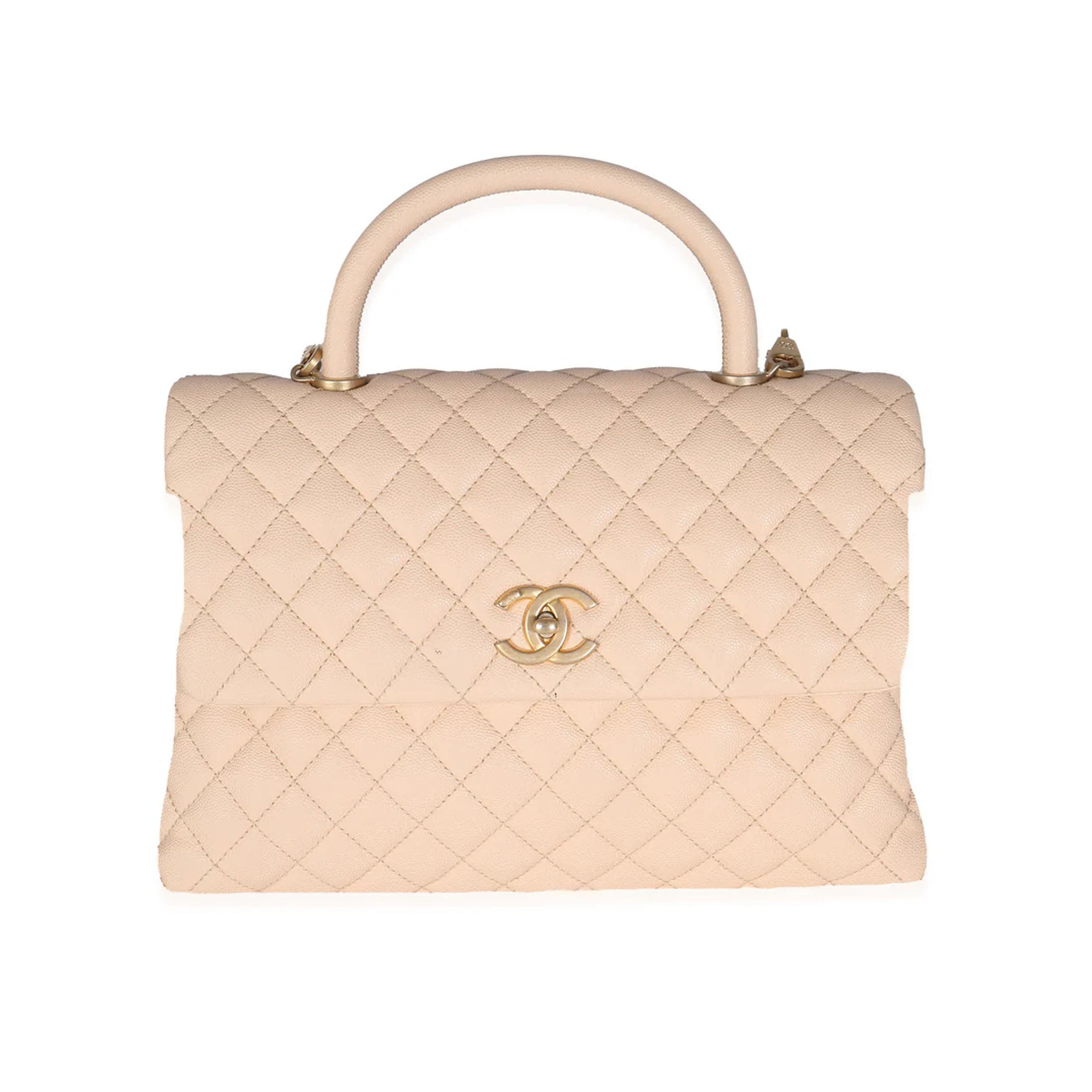 Chanel Beige Quilted Caviar Medium Coco Top Handle Handbag