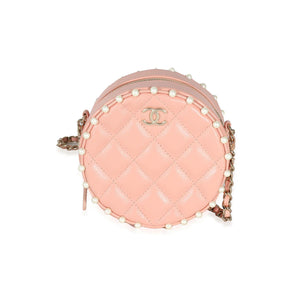 Chanel Pink Quilted Calfskin Pearl Round Clutch With Chain