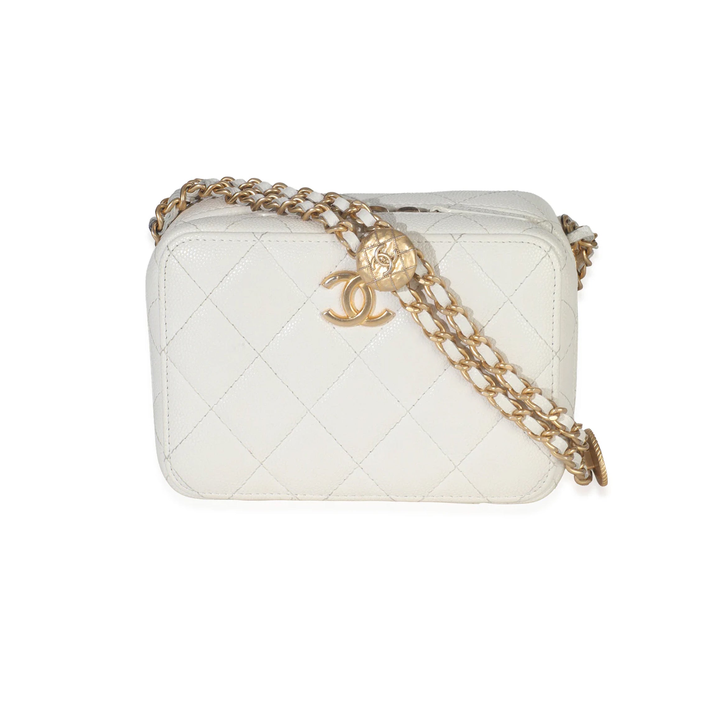 Chanel White Quilted Caviar Twist Your Buttons Handbag Clutch with Chain