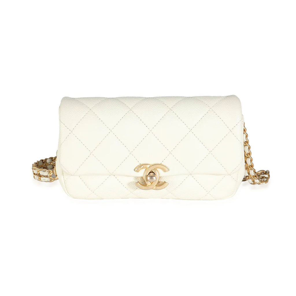 Chanel White Quilted Caviar Chain Melody Waist Belt Bag