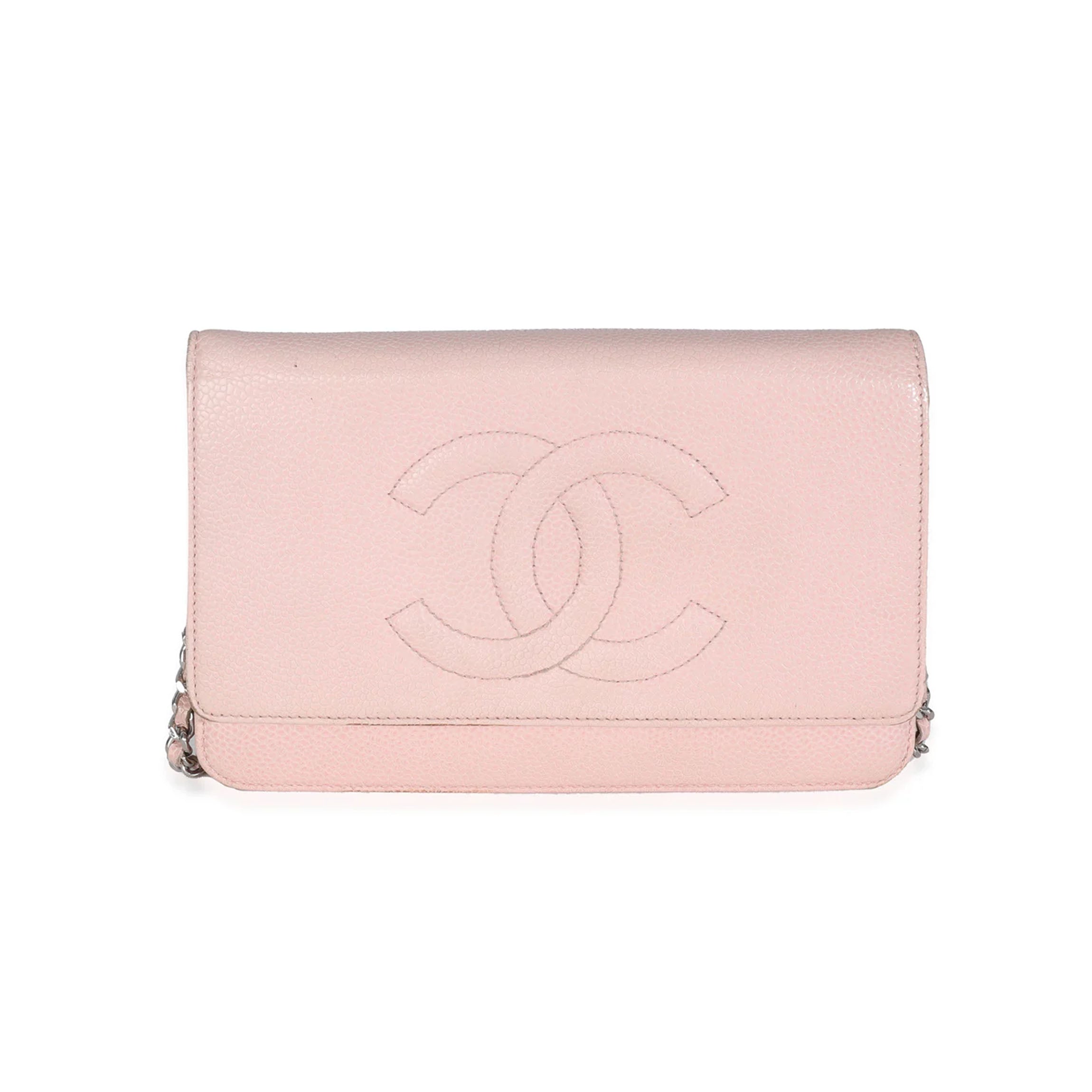 Chanel Pink Quilted Caviar Timeless CC Classic Wallet On Chain