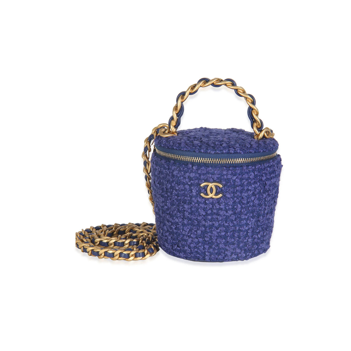 Chanel Blue Quilted Tweed Afternoon Tea Top Handle Vanity Case With Chain
