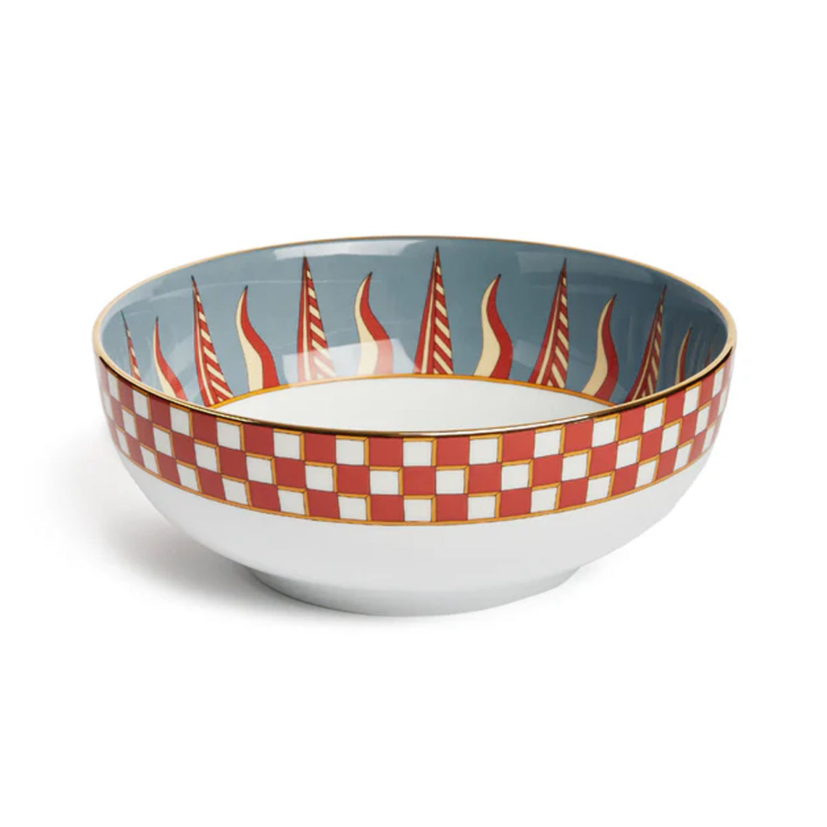 Front view of Serving Bowl in Apollo Mattone showcasing Apollo print and 18K gold rim with white background