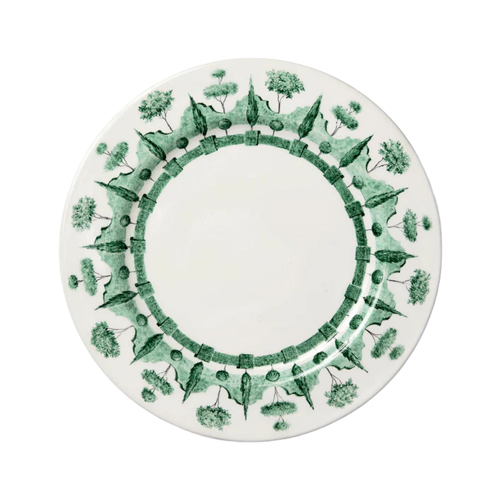 Top-down view of Jardin á L’Italienne dessert plate showing green tree-and-cypress circular border on white background
