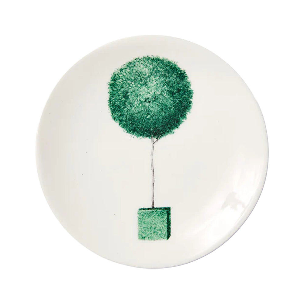 Top view of Jardin á L’Italienne Bread Plate 03 showcasing a central green topiary tree illustration on a white background