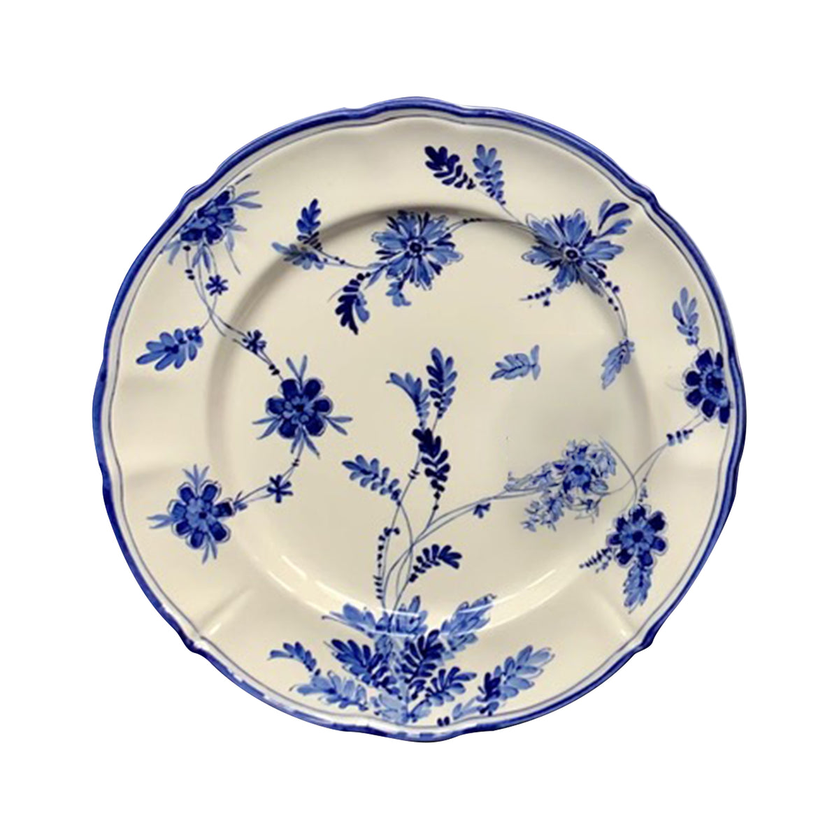 Top view of Blue Flowers Dessert Plate, Set of 6 showcasing blue floral decoration and scalloped border on a white background