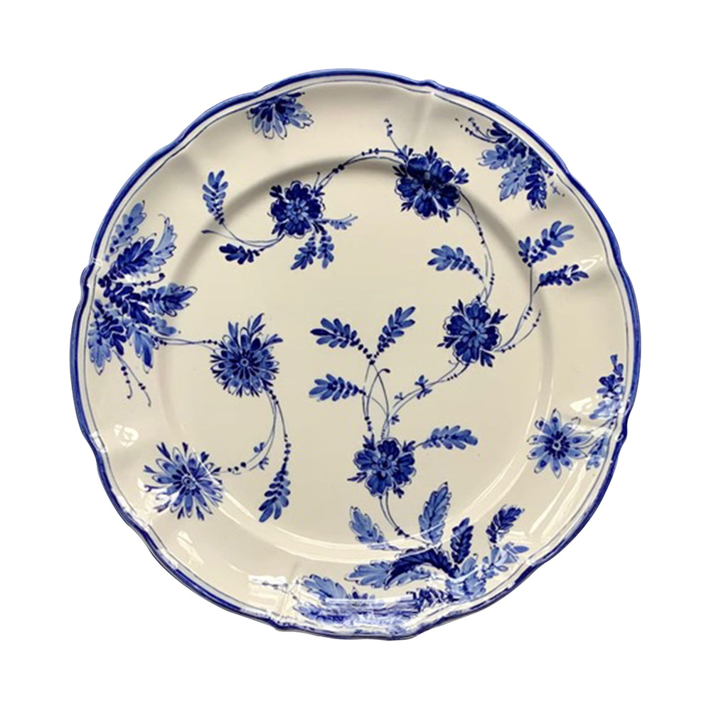Front view of Blue Flowers Dinner Plate showcasing blue floral pattern and scalloped border on a white background