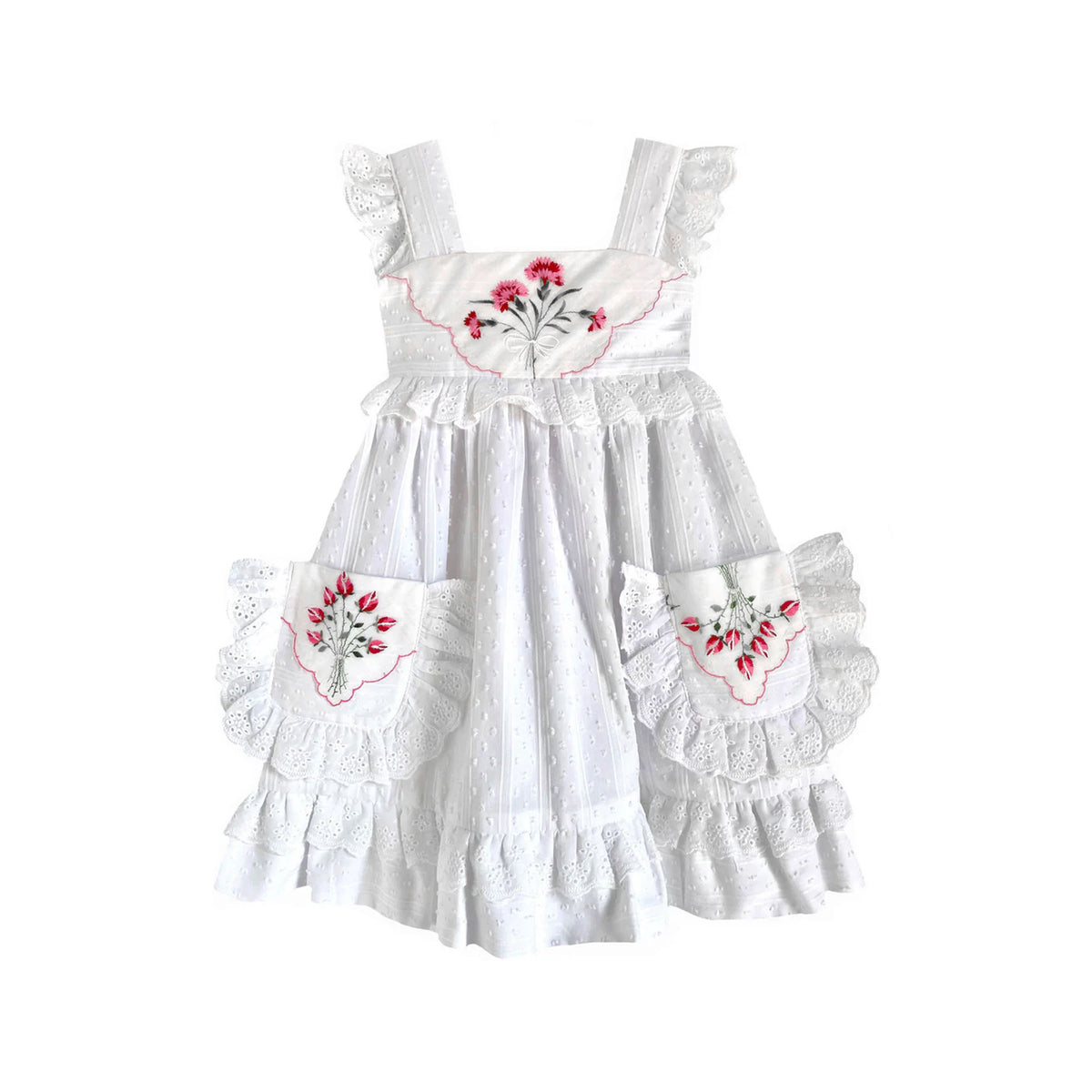 Front view of Heirloom Handkerchief Dress in Red Rose Bouquet, 2T showcasing appliquéd embroidered handkerchiefs and ruffles