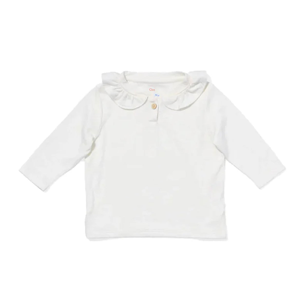 Front view of Hen Baby Shirt in Vanilla Piping showcasing ruffle collar, long sleeves, and single button closure on white background